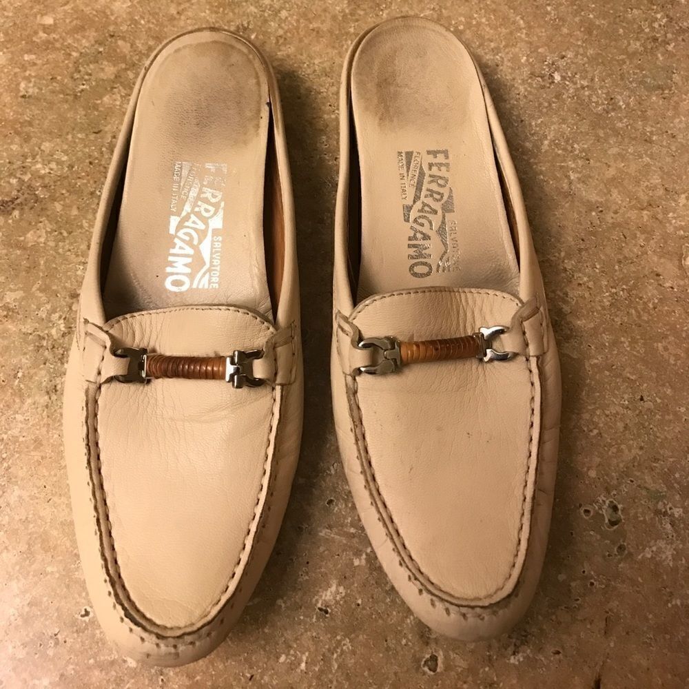 Salvatore Ferragamo Beige Leather Horsebit Mules